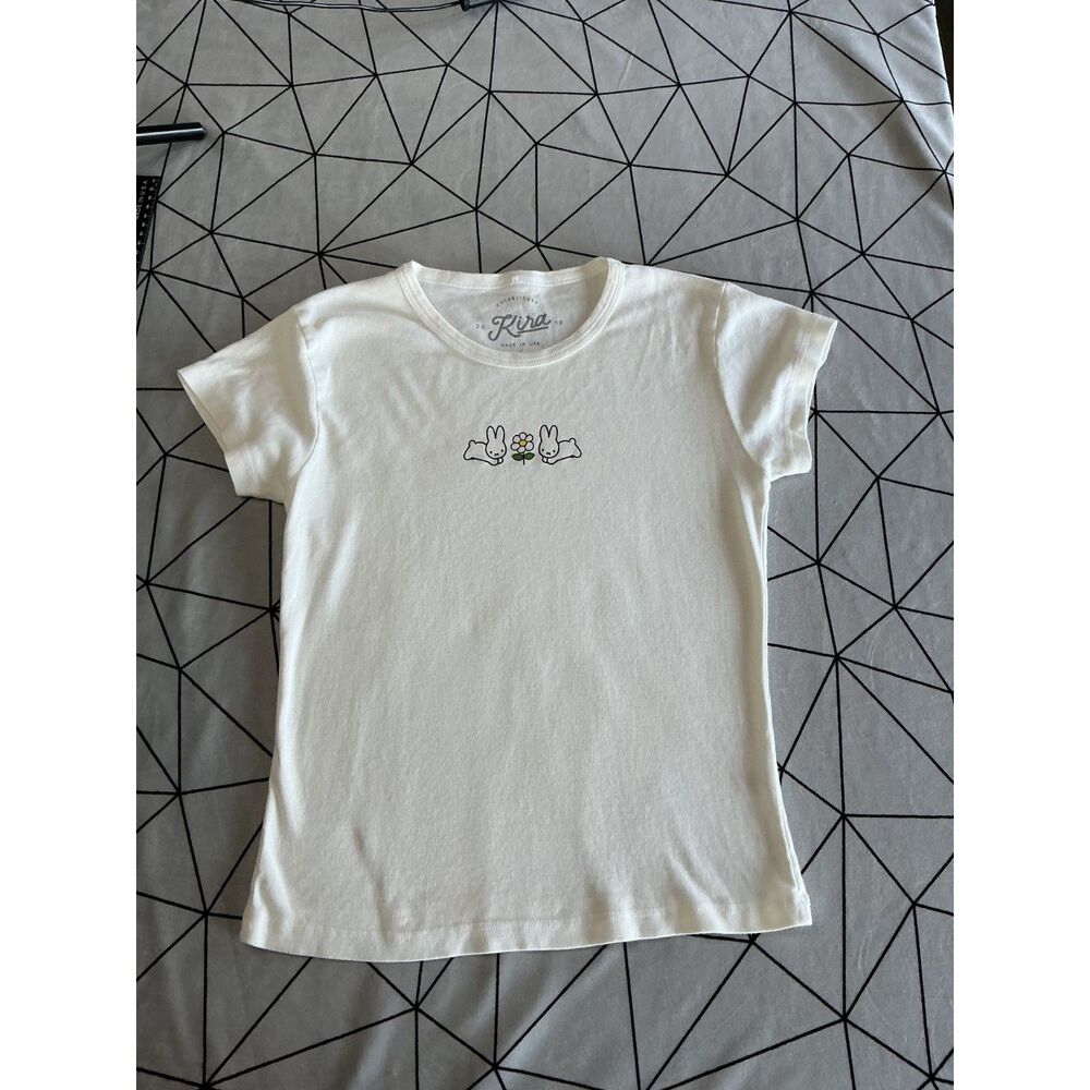Cream Baby Tee Bunny Daisy Print Fitted Crop Coquette Soft Girl Made in USA L